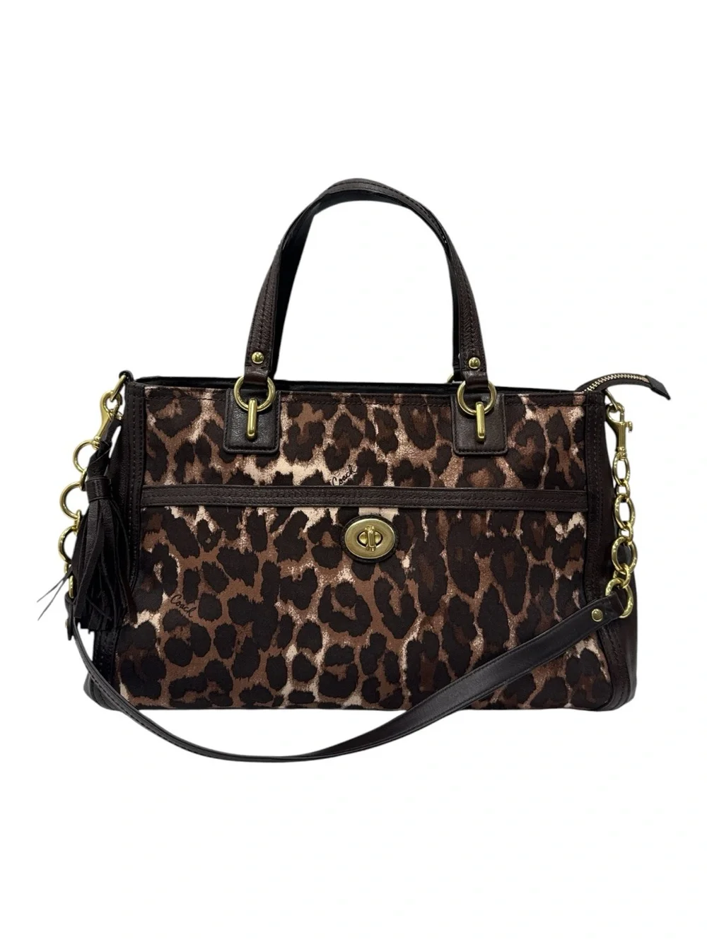 Coach Dark Brown Leopard Print Canvas and Leather Park Chain Ocelot shoulder bag